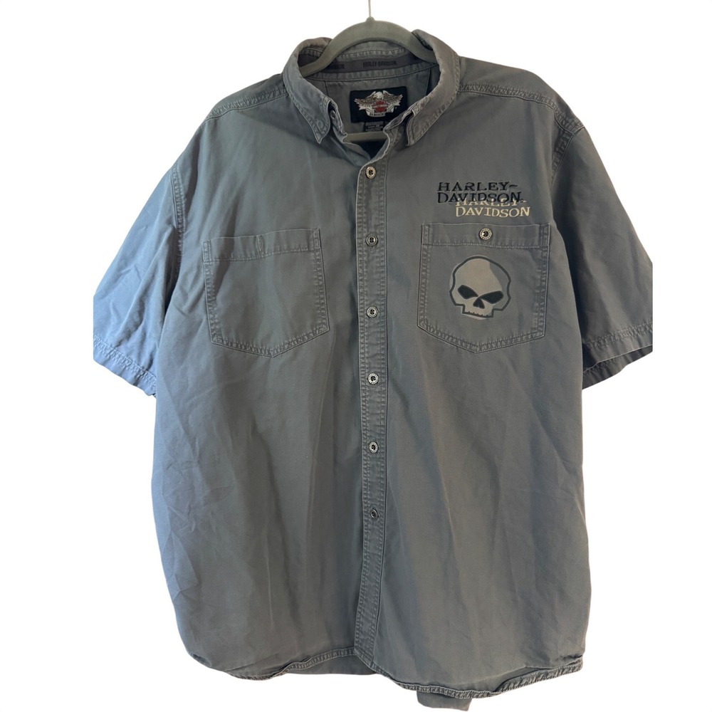 Harley-Davidson Mens XL Gray Willie G Skull Button Up Shirt Short Sleeve Cotton